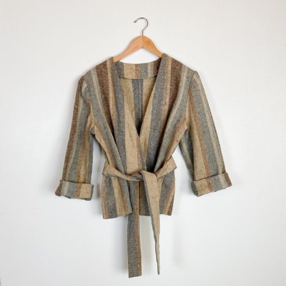 Vintage 70s Tweed Wrap Cropped Kimono, Med